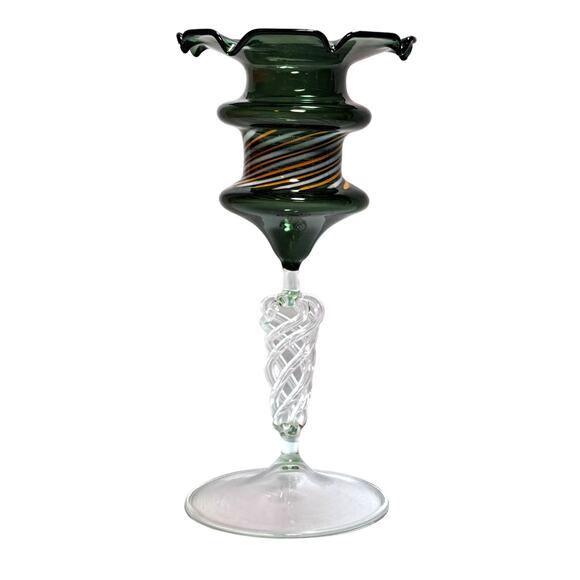 Vintage Handblown Glass Candlestick Green w Orange White Accent Twisted Stem - Picture 1 of 5